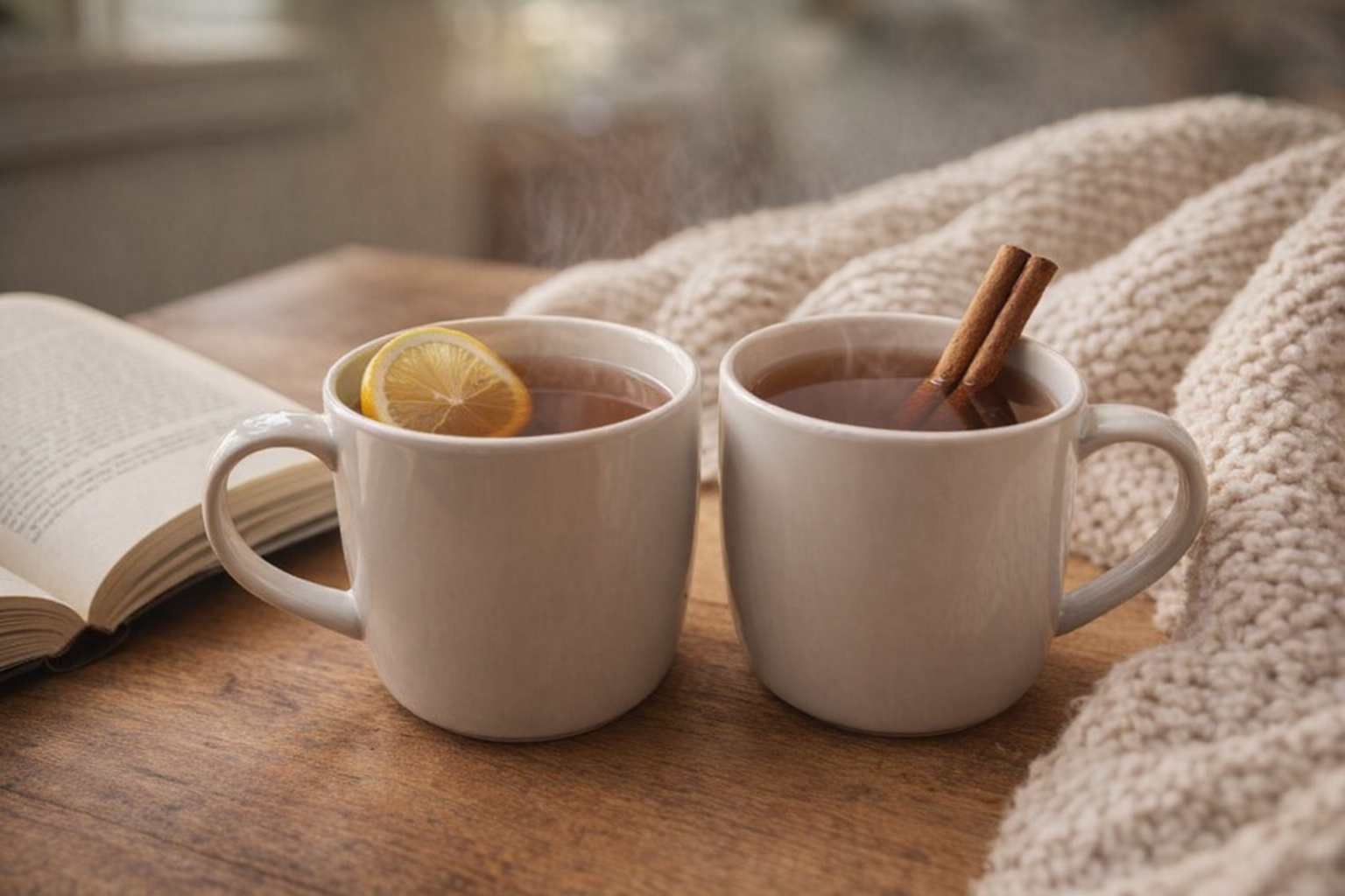 Two mugs of cinnamon tea, one garnished with a lemon slice and the other with a cinnamon stick, set on a wooden table with a book and a cozy blanket
